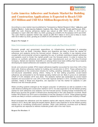 Latin America Adhesives and Sealants Market for Building and Construction Applications is Expected to Reach USD 253 Mill