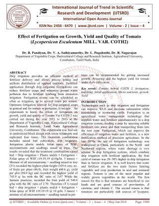 Effect of fertigation on growth, yield and quality of Tomato Lycopersicon esculentum MILL. VAR. COTH2