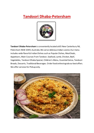 5% Off - Tandoori Dhaba Indian restaurant Menu in Petersham NSW.