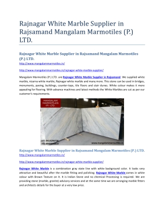 Rajnagar White Marble Supplier in Rajsamand Mangalam Marmotiles (P.) LTD.