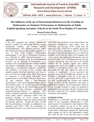 The Influence of the use of Instructional Resources in the Teaching of Mathematics on Students Performance in Mathematic