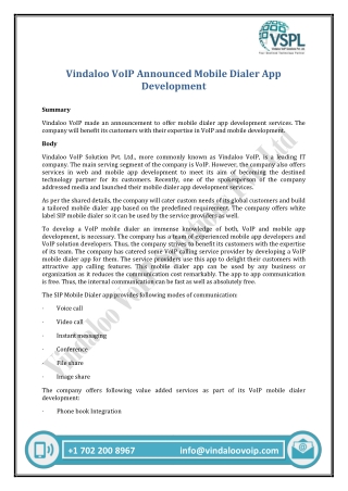 Vindaloo VoIP Announced Mobile Dialer App Development