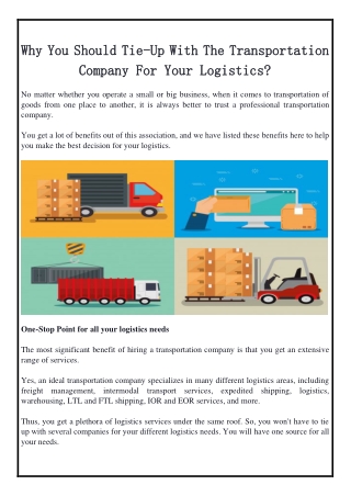 Why You Should Tie-Up With The Transportation Company For Your Logistics?