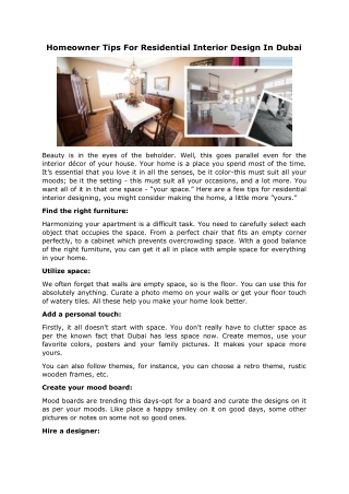 Homeowner Tips For Residential Interior Design In Dubai