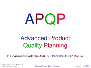 A P Q P Advanced  Product Quality Planning In Consonance with the  AIAG ’s (QS-9000)  APQP Manual