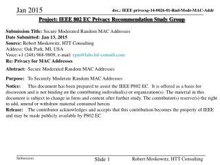 Project: IEEE 802 EC Privacy Recommendation Study Group