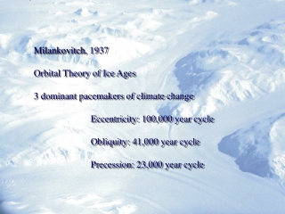 Milankovitch , 1937 Orbital Theory of Ice Ages 3 dominant pacemakers of climate change