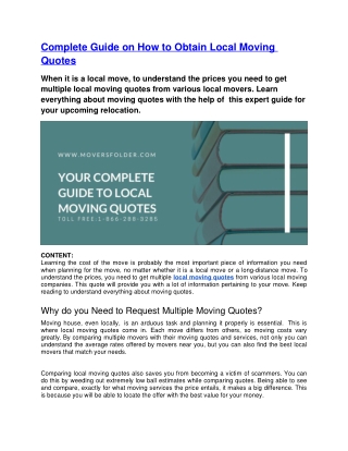 Complete Guide on How to Obtain Local Moving Quotes