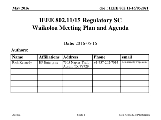 IEEE 802.11/15 Regulatory SC Waikoloa Meeting Plan and Agenda