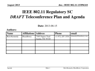 IEEE 802.11 Regulatory SC DRAFT  Teleconference Plan and Agenda