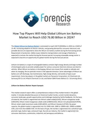 Global Lithium Ion Battery Market is estimated to reach USD 76.80 Billion in 2024 at a CAGR of 15.4%.