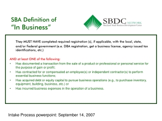 SBA Definition of  “In Business”