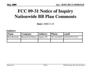 FCC 09-31 Notice of Inquiry Nationwide BB Plan Comments