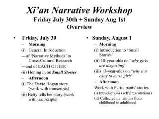 Xi’an Narrative Workshop Friday July 30th + Sunday Aug 1st Overview