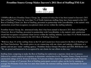 Frontline Source Group Makes Inavero's 2011 Best of Staffing