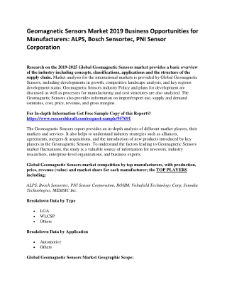 Geomagnetic Sensors Market 2019 Business Opportunities for Manufacturers: ALPS, Bosch Sensortec, PNI Sensor Corporation