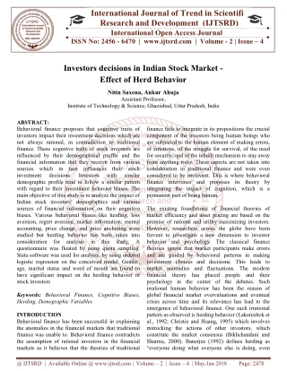 Investors decisions in Indian Stock Market Effect of Herd Behavior