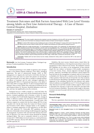 Treatment Outcomes and Risk Factors Associated With Low Level Viremia among Adults on First Line Antiretroviral Therapy