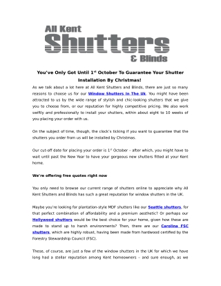 You’ve Only Got Until 1st October To Guarantee Your Shutter Installation By Christmas!