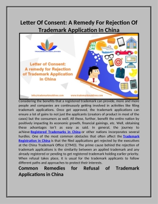 Letter Of Consent: A Remedy For Rejection Of Trademark Application In China