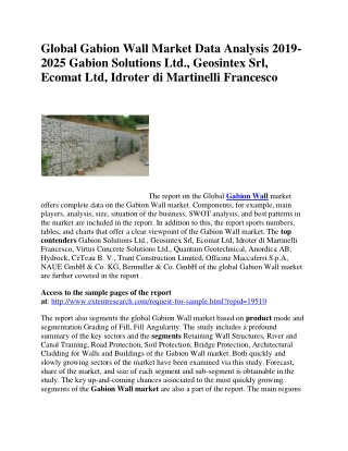 Global Gabion Wall Market Data Analysis 2019-2025 Gabion Solutions Ltd., Geosintex Srl, Ecomat Ltd, Idroter di Martinell