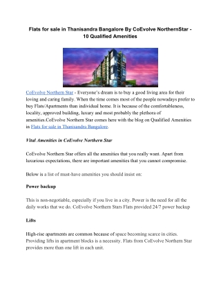 Flats for sale in Thanisandra Bangalore By CoEvolve NorthernStar -  10 Qualified Amenities