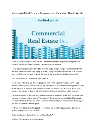 Commercial Real Estate Is Teamwork and Creativity