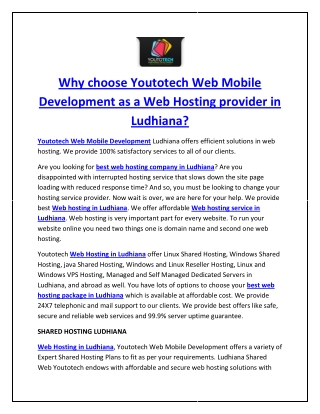 Why choose Youtotech Web Mobile Development as a Web Hosting provider in Ludhiana?