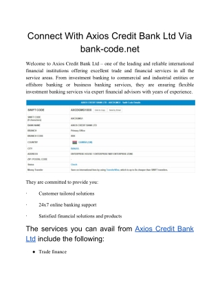 Axios Credit Bank Ltd Swift Code - bank-code