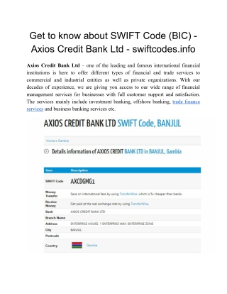 The SWIFT Code (BIC) - Axios Credit Bank Ltd