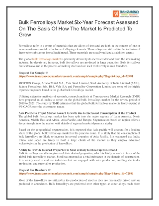 Bulk Ferroalloys Market: Six-Year Forecast Assessed On The Basis Of How The Market Is Predicted To Grow