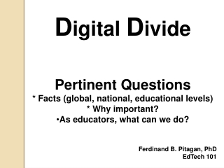 D igital  D ivide Pertinent Questions  * Facts (global, national, educational levels)