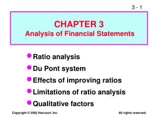 Ratio analysis Du Pont system Effects of improving ratios Limitations of ratio analysis