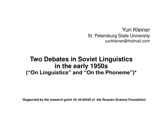 Yuri Kleiner St. Petersburg State University yurikleiner@hotmail