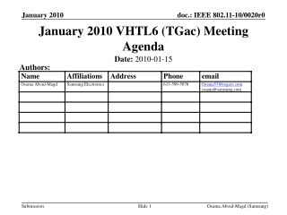 January 2010 VHTL6 (TGac) Meeting Agenda