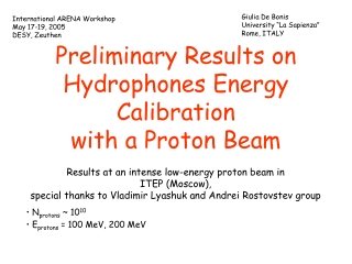 Preliminary Results on Hydrophones Energy Calibration  with a Proton Beam