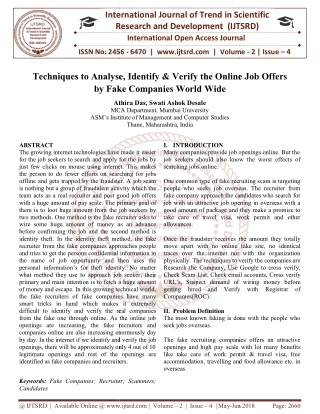 Techniques to Analyse, Identify and Verify the Online Job Offers by Fake Companies World Wide