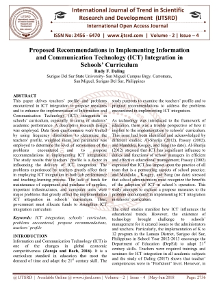 Proposed Recommendations in Implementing Information and Communication Technology ICT Integration in Schools' Curriculum