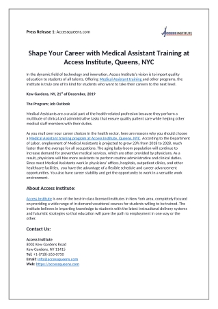 Shape Your Career with Medical Assistant Training at Access Institute, Queens, NYC