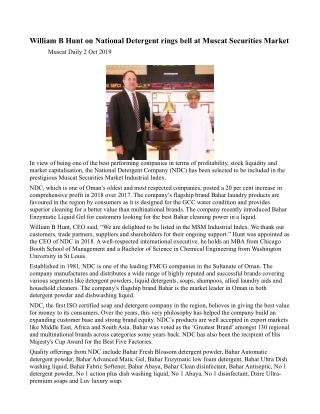 William B Hunt Rings the Bell for NDC at Muscat Securities Market