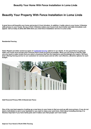 Improve Your House With Fence Installation in Loma Linda