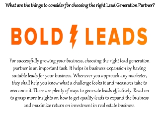What are the things to consider for choosing the right Lead Generation Partner?