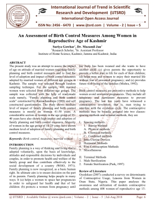 An Assessment of Birth Control Measures Among Women in Reproductive Age of Kashmir