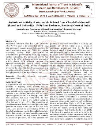 Antioxidant Activity of astaxanthin isolated from Charybdis Edwardsii Leene and Buitendijk ,1949 from Pazhayar, Southeas