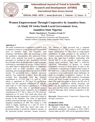 Women Empowerment Through Cooperative In Anambra State. A Study Of Awka South Local Government Area, Anambra State Niger