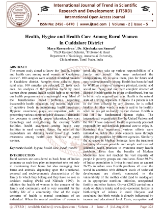 Health, Hygine and Health Care Among Rural Women in Cuddalore District