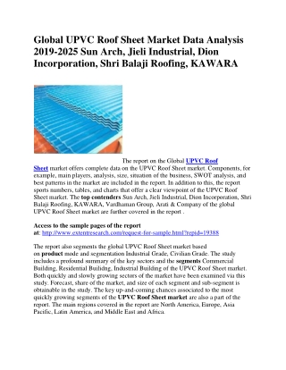 Global UPVC Roof Sheet Market Data Analysis 2019-2025 Sun Arch, Jieli Industrial, Dion Incorporation, Shri Balaji Roofin