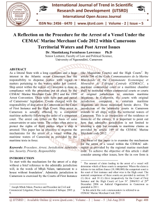 A Reflection on the Procedure for the Arrest of a Vessel Under the CEMAC Marine Merchant Code 2012 within Cameroons Terr