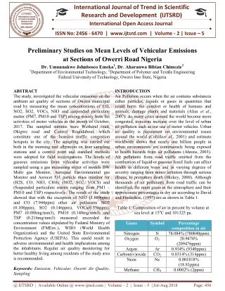 Preliminary Studies on Mean Levels of Vehicular Emissions at Sections of Owerri Road Nigeria