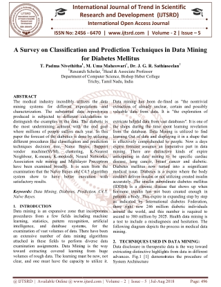 A Survey on Classification and Prediction Techniques in Data Mining for Diabetes Mellitus